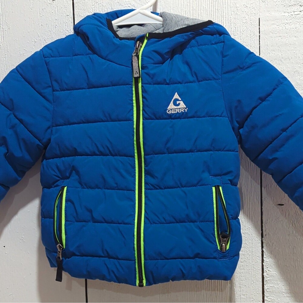 Gerry Toddler 2T Blue/Green Hooded Puffer Jacket Full Zip Padded Pockets